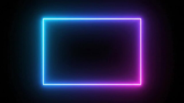 Glowing neon rectangle frame with blue and purple light lines on a dark black background for modern digital design