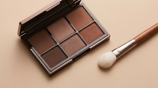 Eyeshadow palette with multiple colorful powder shades and a makeup brush for beauty application. easy eyeshadow looks
