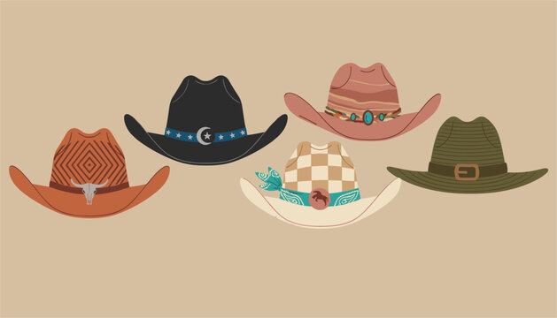 Collection of five unique cowboy hats with different textures, colors, and bands is shown on a warm background.
