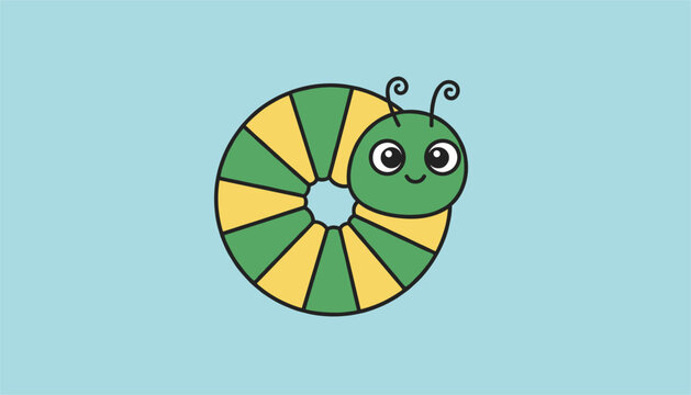 Adorable smiling green and yellow striped caterpillar character crawling on clean light blue background vector.