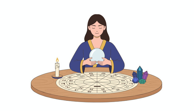 Mystic fortune teller girl with a glowing crystal ball sits at a wooden table with astrological charts and crystals.