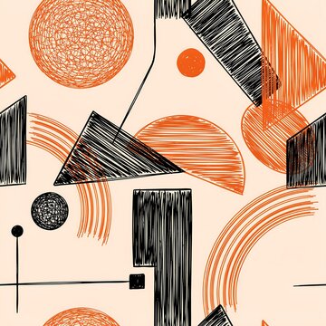 Abstract seamless pattern with hand drawn scribble geometric shapes in orange and black on a light beige background
