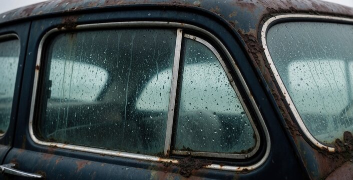 Close up of old rusted car window with water drops. Vintage blue automobile shows heavy corrosion on metal frame, peeling paint. Abandoned antique vehicle exterior features weathered glass, grunge