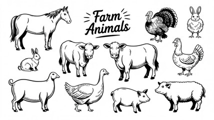 Fototapeta premium Black and white line drawing illustration of various farm animals including cows pigs sheep chickens in a pastoral farmyard scene with rural life