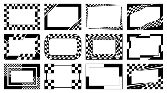 Dynamic Racing Checkered Flag Borders and Graphic Frames Bundle with Monochromatic Geometric Patterns for Sports Media, Labels, and Motorsport Merchandise Layouts
