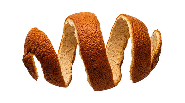A perfectly coiled spiral ribbon of fresh orange peel, showcasing its bright orange, deeply pitted outer zest and soft white inner pith, perfect for aromatic citrus and cocktail garnishes.