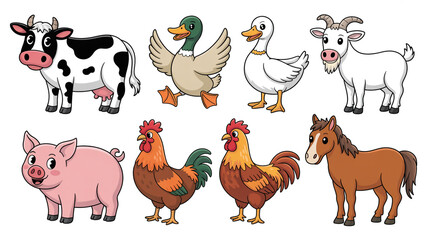 Fototapeta premium Colorful cartoon farm animals set including cow pig sheep horse goat donkey rooster in a playful illustration with animal illustration, cute animals