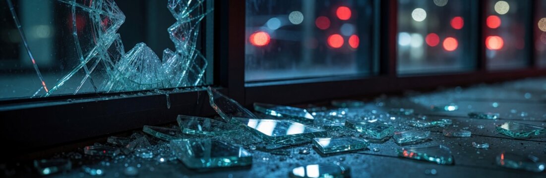 Close up of broken window glass shards on ground at night. Shattered pane shows signs of burglary vandalism. Sharp pieces rubbish sidewalk near dark building entrance. Crime scene evidence after