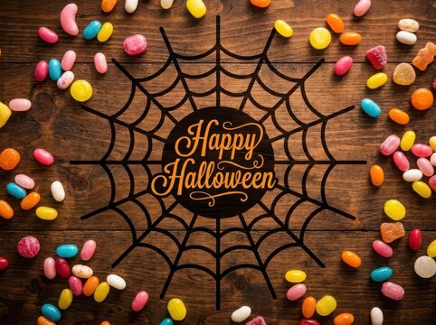 Halloween Spiderweb and Candy on Wooden Background