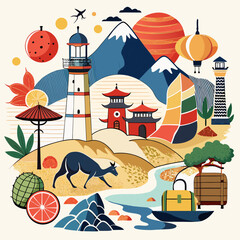 Naklejka premium A travel themed featuring a lighthouse, mount fuji, a kangaroo, and a red sun circle japan mountain