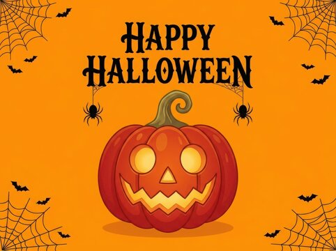 Happy Halloween Pumpkin with Spiders and Bats Cartoon Illustration