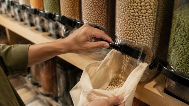 Hand of a person filling a reusable cloth bag with legumes from a bulk bin in a vegan grocery store, various grains and legumes visible in the background