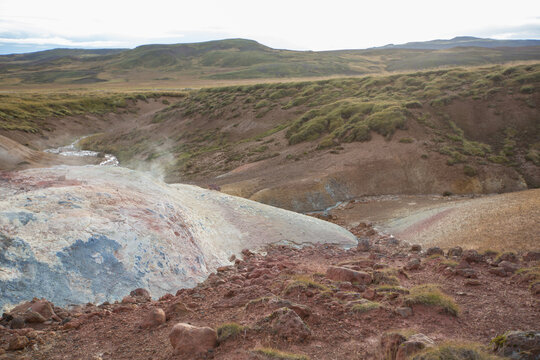 Geothermal area in Krysuvik on early sunny morning, Southern Peninsula (Reykjanesskagi, Reykjanes Peninsula), Iceland