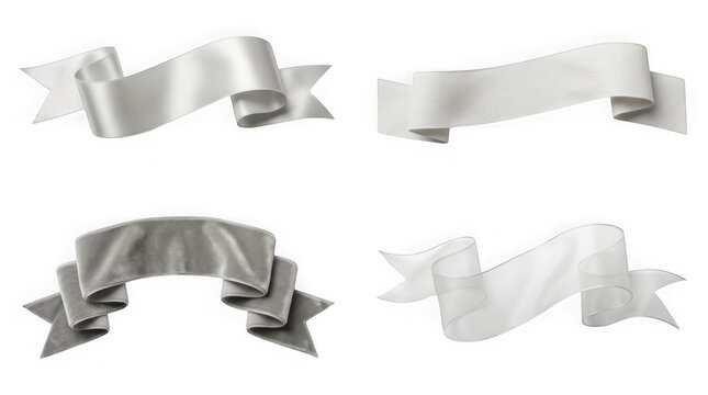 Silver satin ribbon banners set, elegant white silk fabric labels, 4 decorative textile scrolls