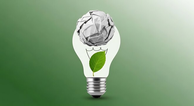Sustainable green energy light bulb with leaf, crumpled paper ball representing creative ideas, eco-friendly innovation concept