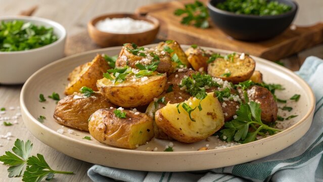 Crispy smashed potatoes topped with fresh herbs, served on a rustic plate with garnishes