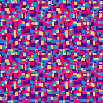 Colorful geometric mosaic pattern with rounded squares in pink blue yellow and purple tones