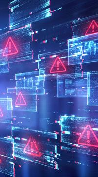 Digital warning icons and glitching data screens. Cybersecurity breach and system error concept with glowing red alert symbols.