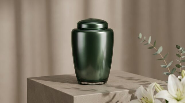 Elegant dark green cremation urn for ashes, signifying remembrance and honoring departed loved ones. Used in funeral and memorial services.