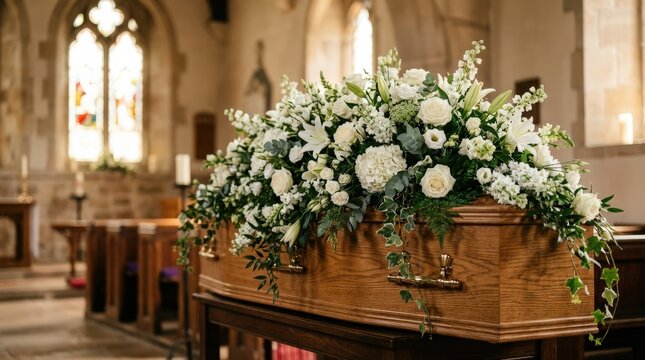 Solemn wooden coffin decorated with elegant white flowers rests inside a traditional church. This scene conveys remembrance and offers a respectful final farewell.