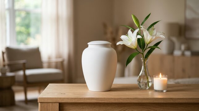 A white cremation urn, fresh lilies, and a flickering candle rest on a wooden table. This serene display offers solace and remembrance for grieving families.