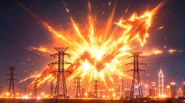Exploding power lines and electrical pylons over city skyline at night. Massive fire blast and sparks erupting from high voltage infrastructure during catastrophic energy grid failure.