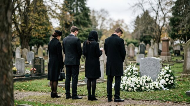 Individuals in black attend a graveside service, observing a moment of silent grief. This somber event highlights end-of-life care and communal mourning.