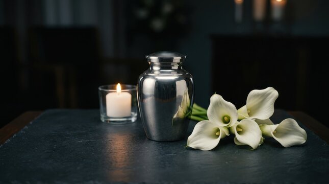 A silver cremation urn, a flickering candle, and white calla lilies symbolize remembrance and loss. This solemn arrangement reflects end-of-life care and memorial services.