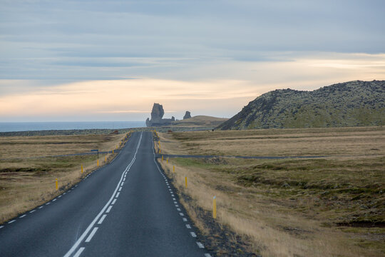 Scenic landscape view of Icelandic road and beautiful areal view of the nature autumntime