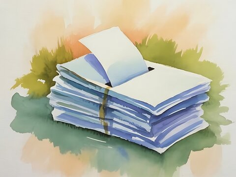 Watercolor illustration of a stack of folded white papers tied together with a simple brown string