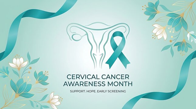 Cervical cancer awareness month design with teal ribbon and female reproductive organ illustration for medical support