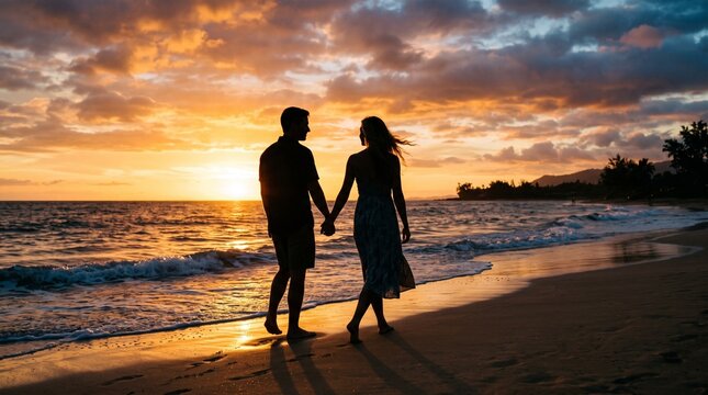 Romantic Couple Holding Hands Walking Beach Sunset Silhouette Golden Hour Coas