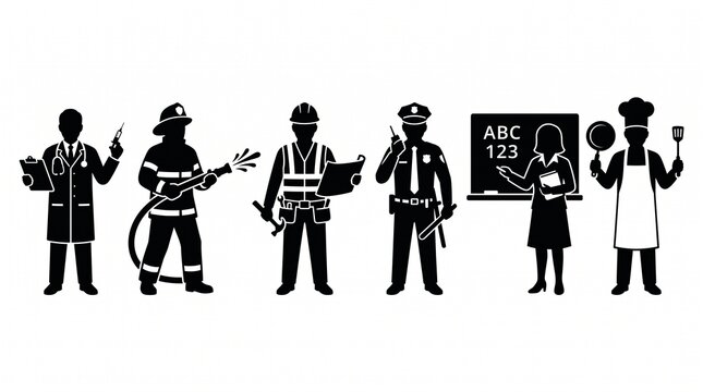 Community Emergency First Responders and Essential Workers Silhouette Set Doctor Firefighter Construction Worker Police Teacher Chef Vector