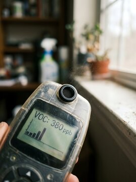 Handheld VOC air quality meter displaying 380 ppb reading near dusty windowsill with cleaning spray bottle in background