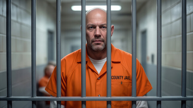 Bald male inmate in orange jumpsuit standing behind steel bars. Prisoner serving sentence in modern correctional facility corridor.