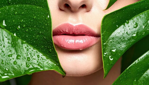 Leaf shaped glossy lips covered with morning dew drops, natural beauty fantasy concept