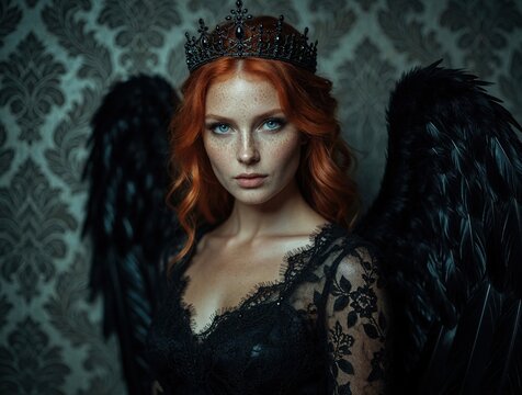 Portrait of beautiful redhead woman with large black angel wings. Dark fantasy queen wears ornate crown, lace dress. Mysterious lady with freckles, blue eyes poses against vintage wallpaper. Gothic