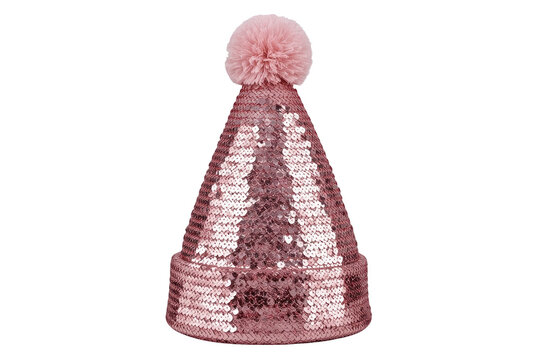 Pink sequin cone party hat with fluffy pompom