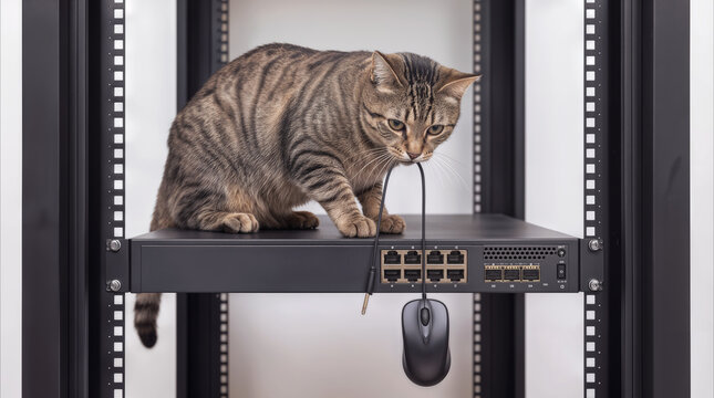 Tabby cat sitting on network switch in server rack holding computer mouse by cable. Mischievous pet causing potential hardware damage in data center environment.