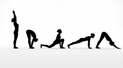 Fototapeta premium Yoga Sun Salutation Sequence Silhouette Set showing Surya Namaskar Poses Sequence Isolated on White Background
