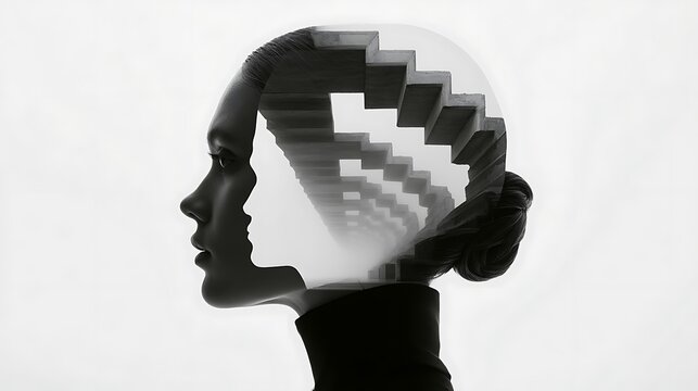 Prompt: A masterclass surreal minimalist double exposure portrait. Inside the clean silhouette of a side-profile head with a high-fashion collar, a raw brutalist concrete staircase spirals down 