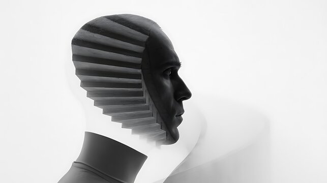 Prompt: A masterclass surreal minimalist double exposure portrait. Inside the clean silhouette of a side-profile head with a high-fashion collar, a raw brutalist concrete staircase spirals down 
