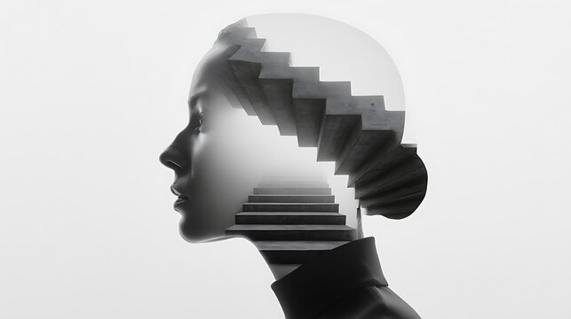 Prompt: A masterclass surreal minimalist double exposure portrait. Inside the clean silhouette of a side-profile head with a high-fashion collar, a raw brutalist concrete staircase spirals down 