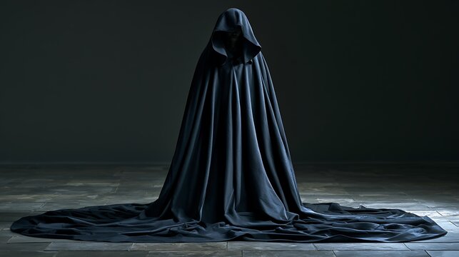 Prompt: A poignant dark romantic view. A figure completely hidden inside a large, hooded cloak of heavy black felt stands rigid, the fabric pooling extensively on a dark stone floor. Shot on 