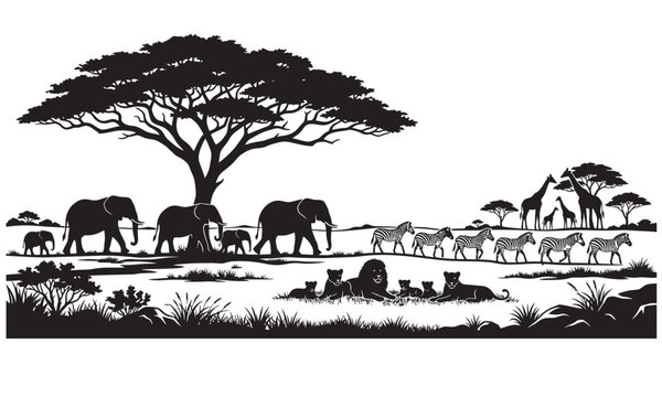 African safari wildlife silhouette vector illustration featuring elephants and zebras, silhouette