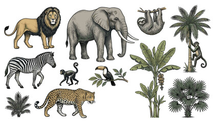 Naklejka premium Vintage Linocut Safari Animals and Tropical Trees Vector Set with Lion, Elephant, Leopard, Zebra, Monkey, Sloth, and Toucan for Nature Illustrations