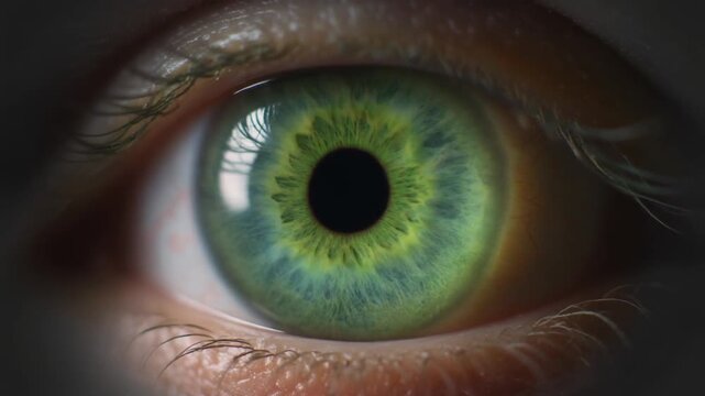 Extreme macro footage of a single beautiful healthy human eye with a vivid lime-green iris for national eye exam month