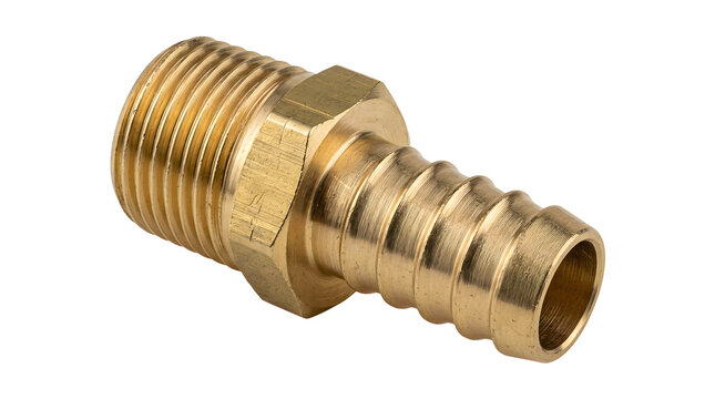 Brass hose barb fitting with male pipe thread for plumbing connection and water flow.
