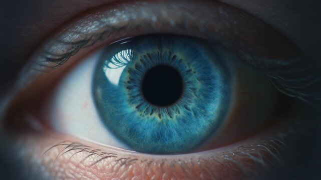 Extreme macro footage of a single beautiful healthy human eye with a deep ocean-blue iris for national eye exam month