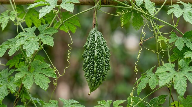 Fresh green bitter gourd hanging on garden vine.